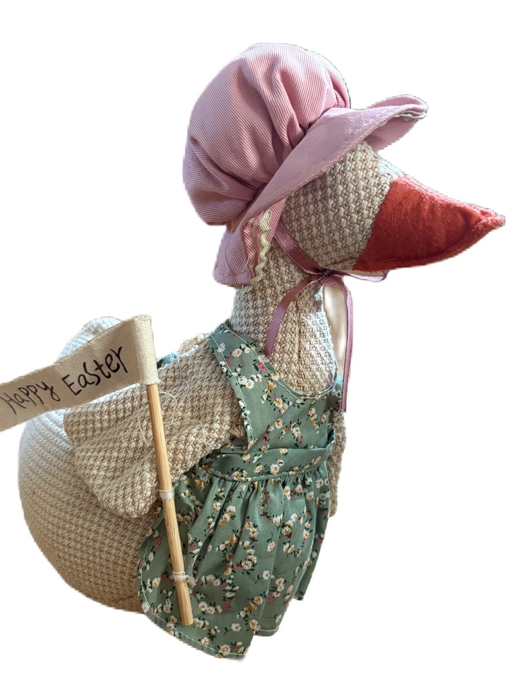 Fabric Porch Goose Doll with Floral Dress and Pink Bonnet Happy Easter Sewn